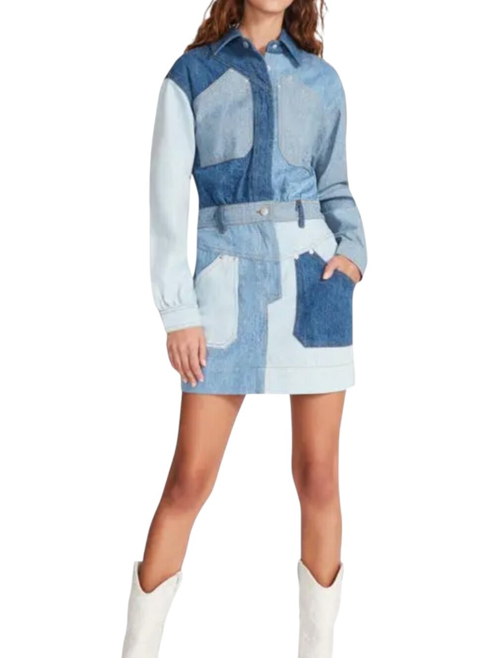 Steve Madden Ryleigh Blue Denim Patchwork Cotton Modern Cowgirl Boho Dress Sz 8